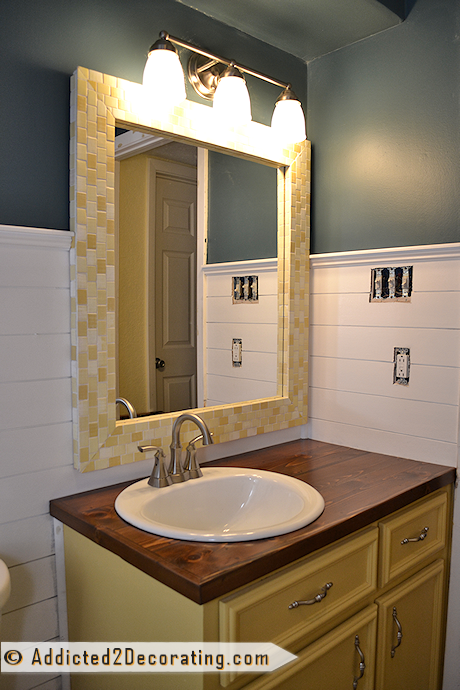 Bathroom Makeover Day 12-14:  DIY Mosaic Wood Tile Mirror Frame