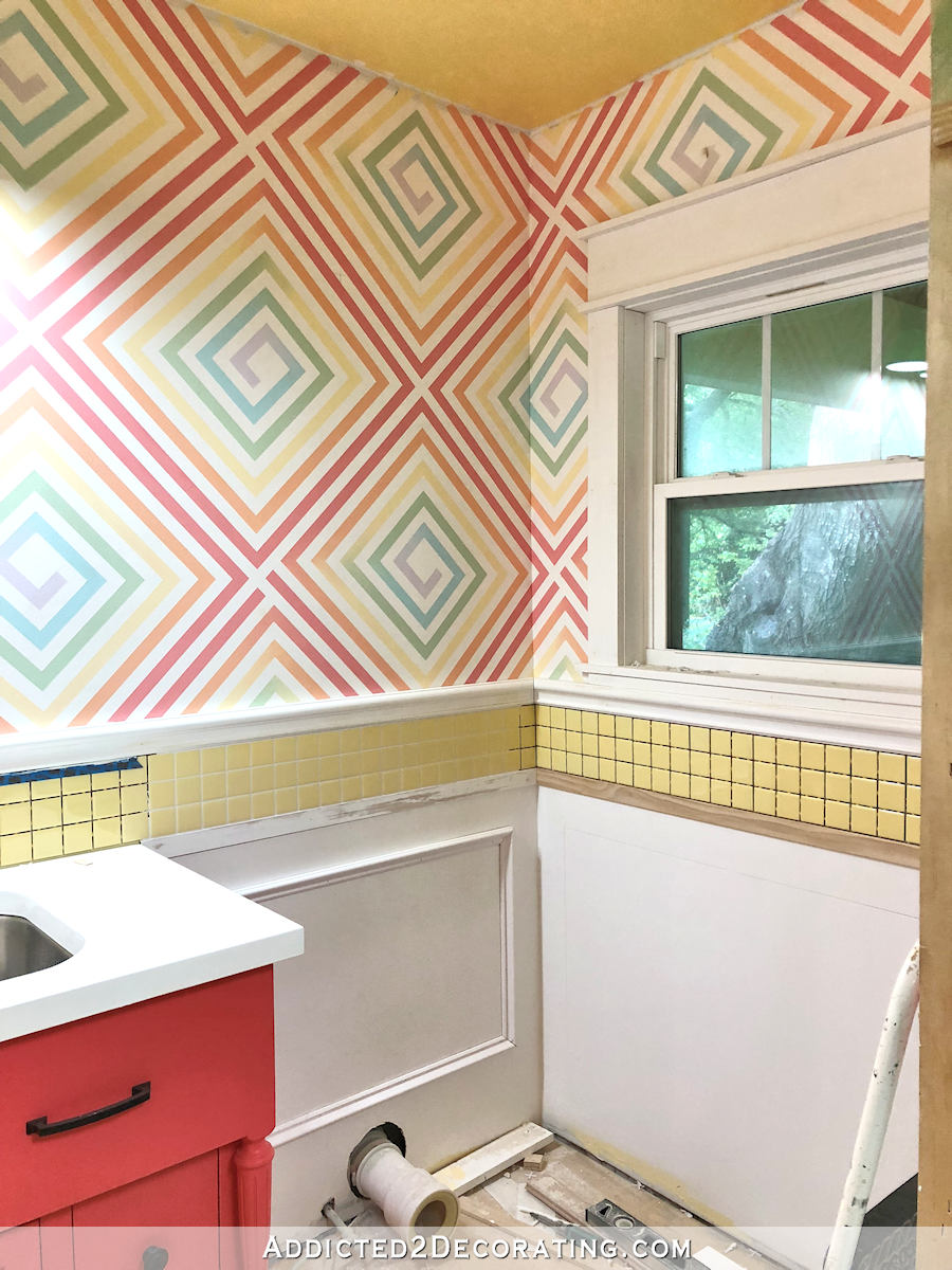 Half Bath Progress — Tile, Wainscoting, Window Casing, and a Color Change
