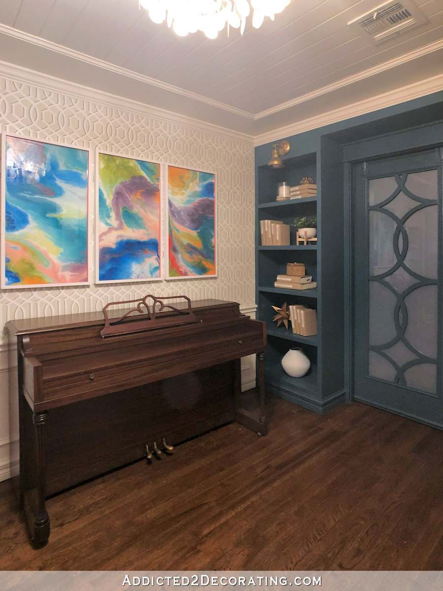 Music Room Updates – Teal Bookcases & A Chandelier Swap