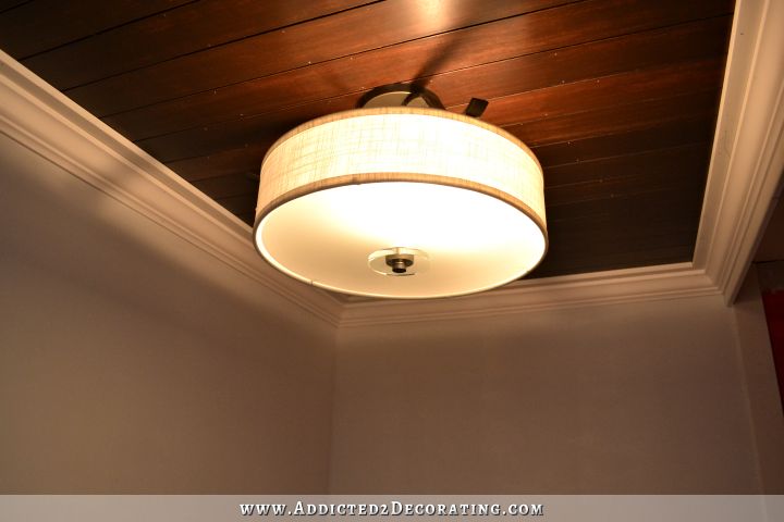 My Almost Finished Stained Wood Slat Bathroom Ceiling (And New Ceiling Light!)