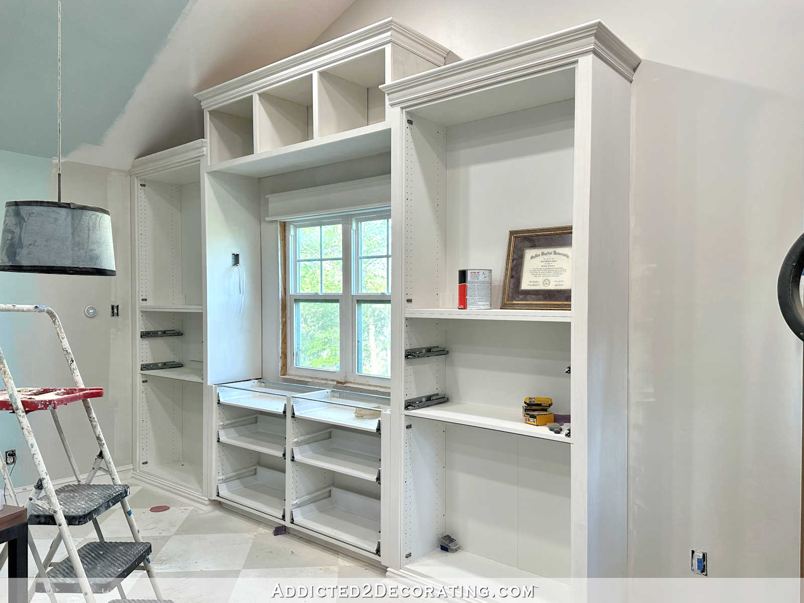 Studio Office Cabinet Progress — Primed & Sanded (Plus, When To Use Wood Filler vs. Caulk)